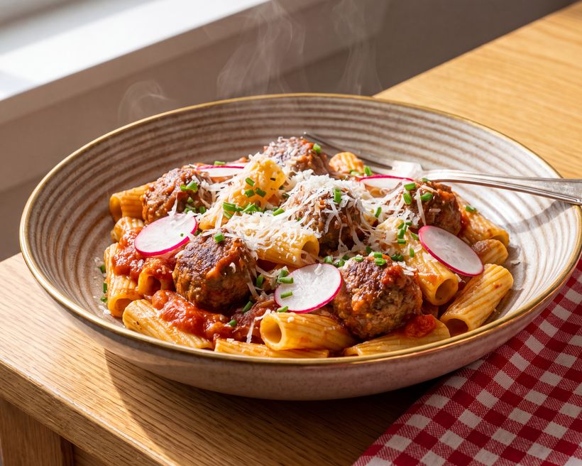 A bowl of pasta in a creamy sauce on a blue check tablecloth